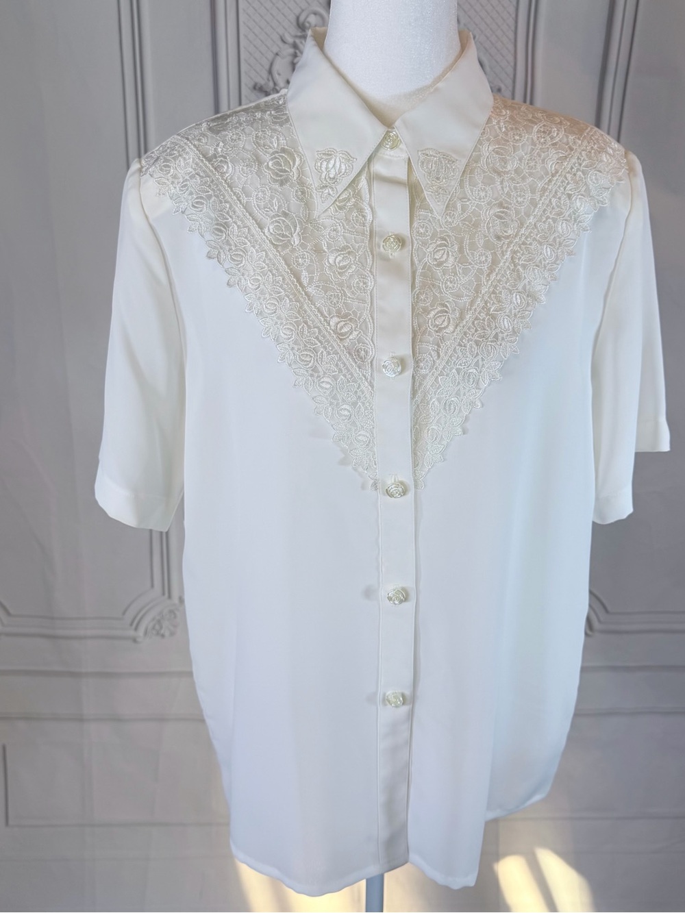 Kathy Che Vintage Ivory Lace Bib Blouse 14 Rose Embroidered Collar Cottagecore